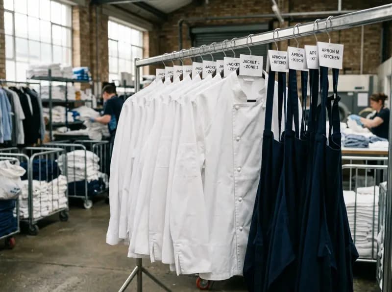 Freshly pressed commercial white chef jackets and navy bib aprons hung in laundry dispatch