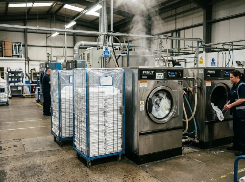 Commercial laundry wash plant with industrial washer-extractors and linen roll cages