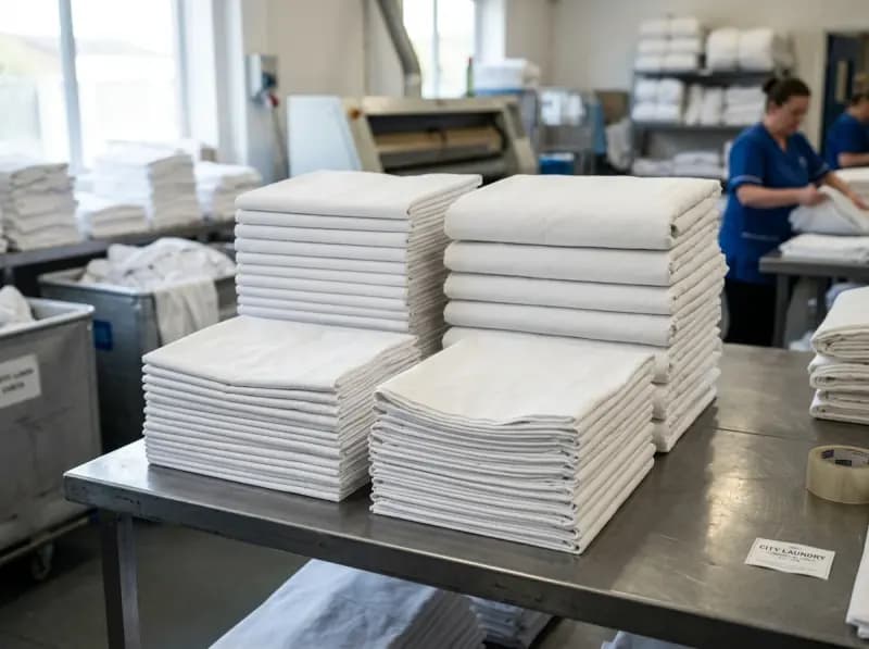 Commercial linen stock stacks arranged for hotel housekeeping