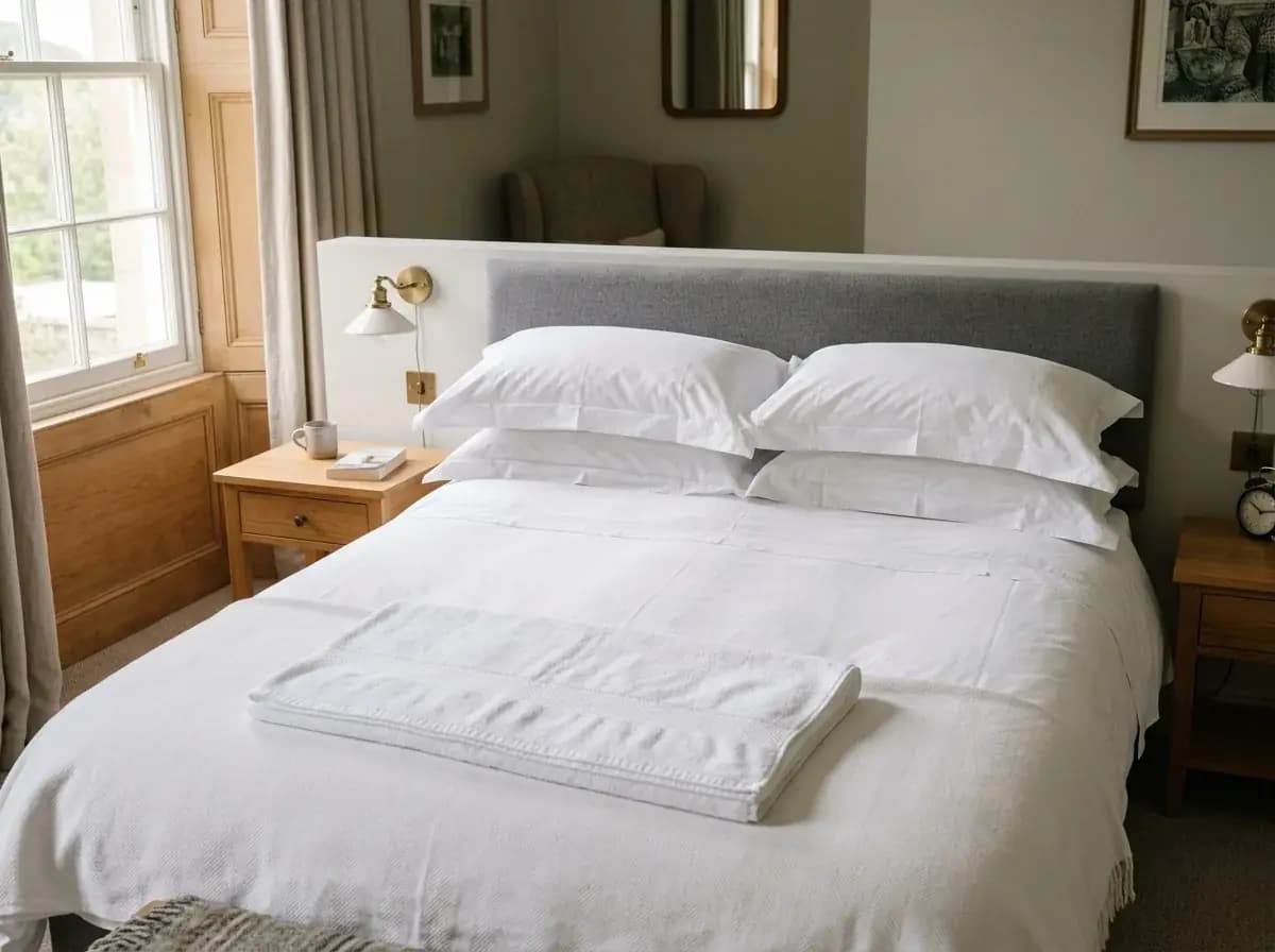 Commercial hospitality crisp white bed linen