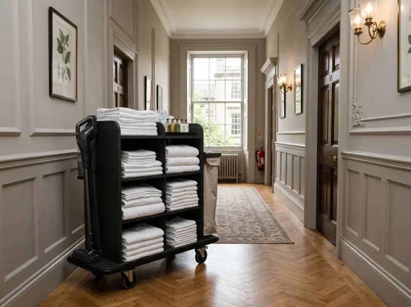Boutique hotel housekeeping service trolley organized with fresh commercial bed linen and bath towels