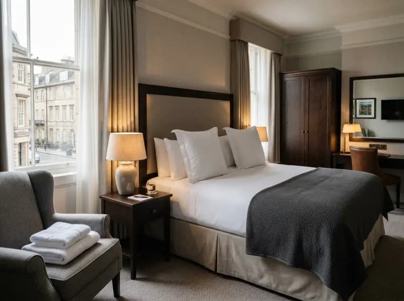 Crisp white hotel bed linen and dressed pillowcases