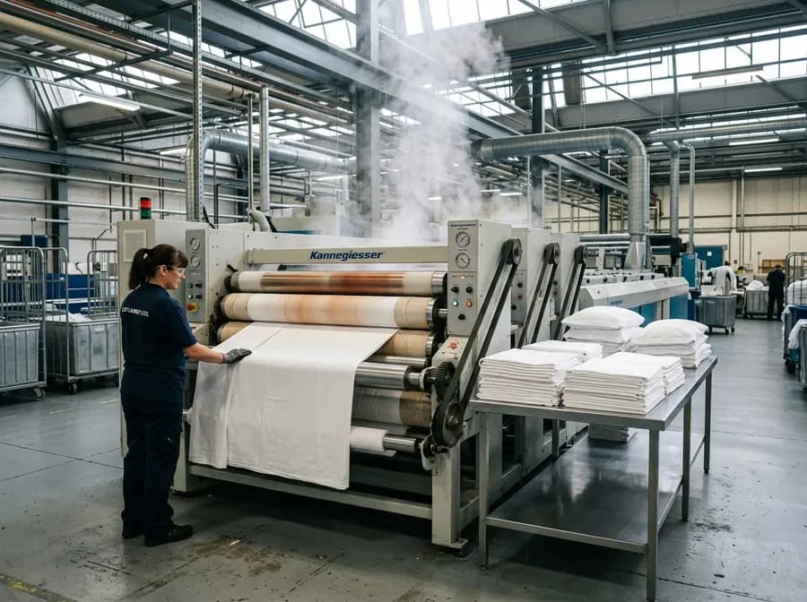 Industrial flatwork roller ironer pressing commercial bed linen to hotel standard