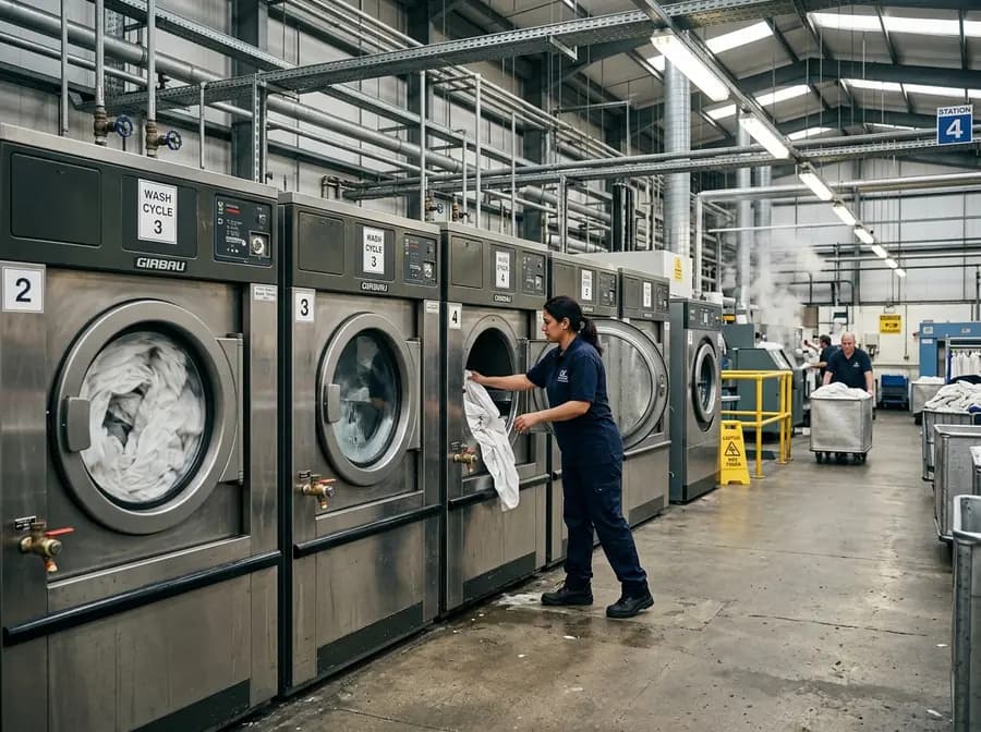 Industrial commercial washing machines running thermal disinfection wash cycles