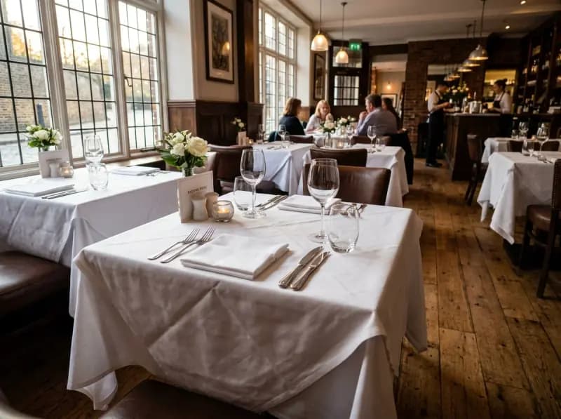 Fine dining restaurant table setting with crisp tablecloths and napkins